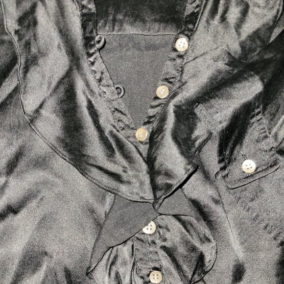 THEORY Silk Short Sleeve Blouse Black Ruffle neck M - Picture 5 of 7